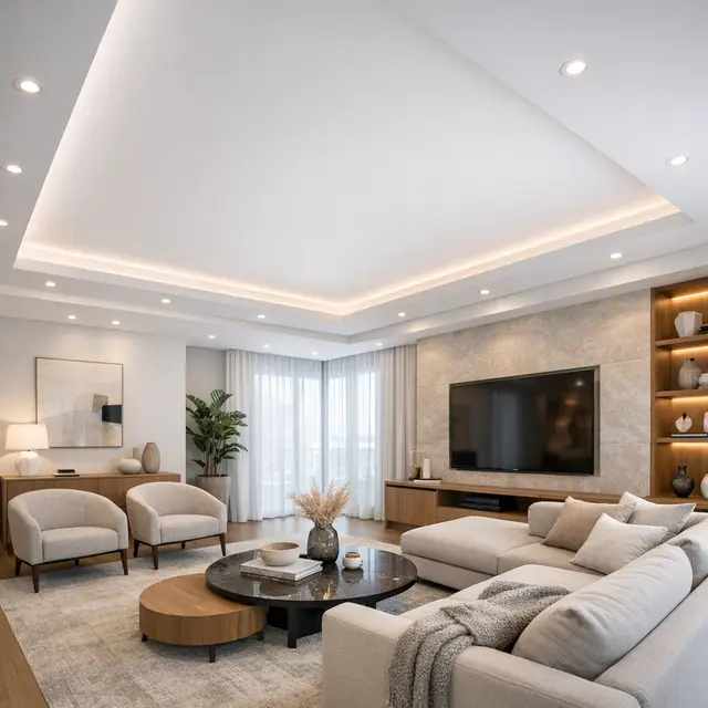 forro de gesso rebaixado com iluminação embutida em sala de estar em Ribeirão Pires – Gesso Rocha