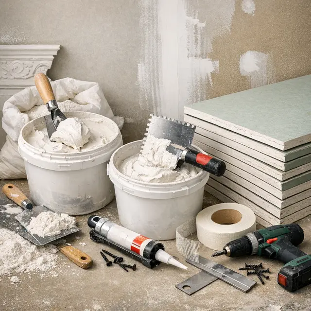 baldes de gesso tradicional e gesso cola com ferramentas de aplicação – Gesso Rocha TS em Ribeirão Pires