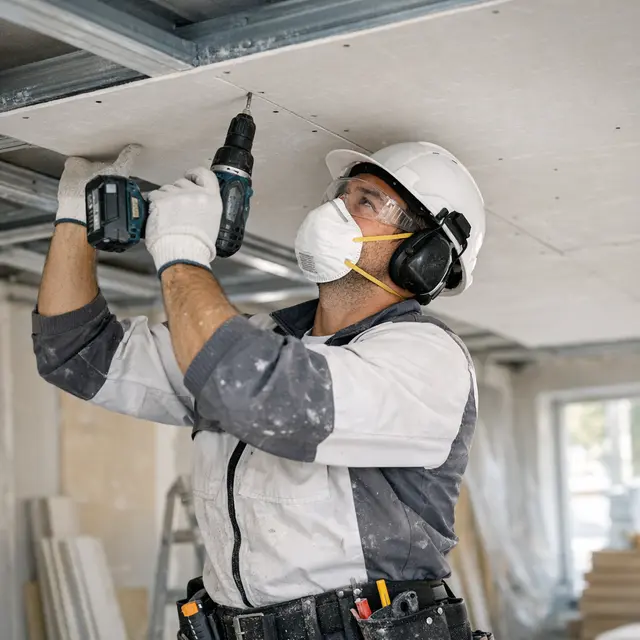 profissional da Gesso Rocha TS instalando forro em drywall com equipamento de segurança em Ribeirão Pires